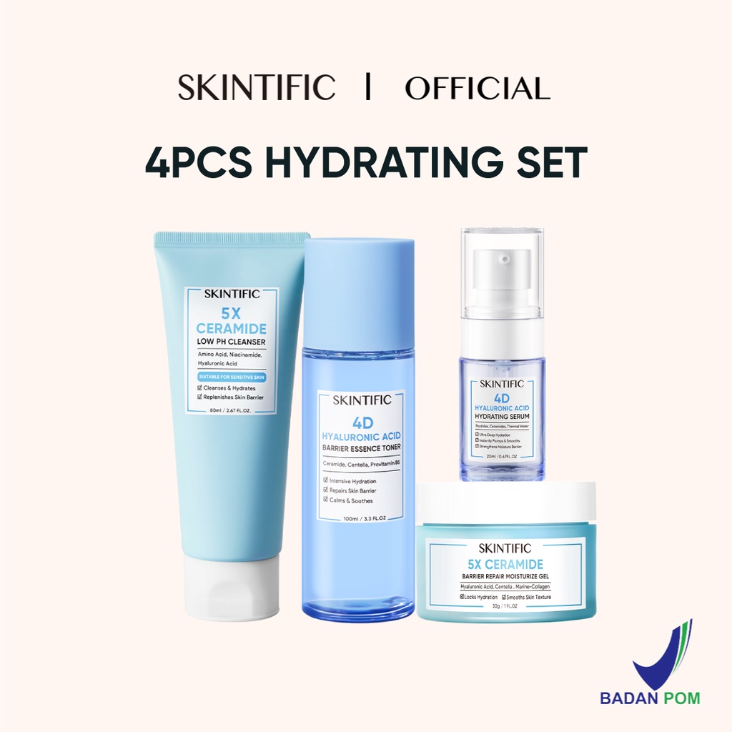 Skintific 4 pcs Paket Skincare with serum - Low pH Cleanser & Barrier Repair Moisture Gel & Exfoliating Toner & Niacinamide Brightening Serum &  Acid Anti Acne Serum &  Soothing Toner & Barrier Rrpair Serum & Hyaluronic Acid Hydrating Serum-hydrating set