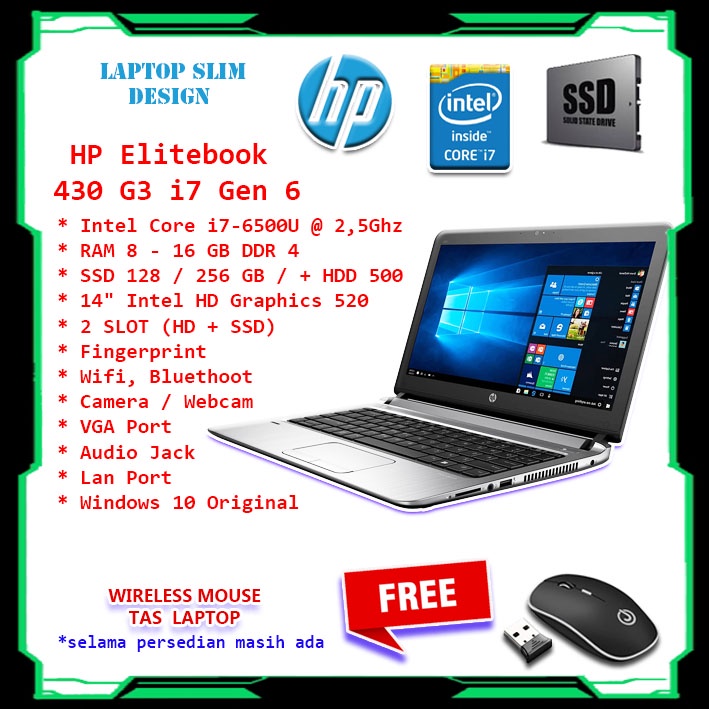 LAPTOP HP 430 G3 INTEL CORE I7 G6 RAM 16 GB DDR 4 SSD 256 GB