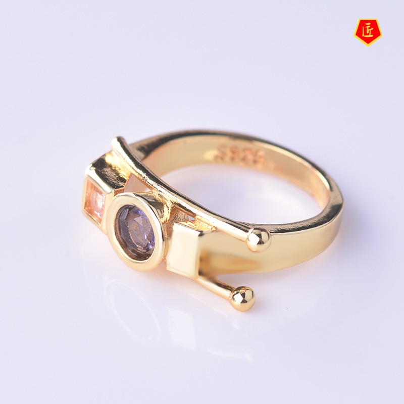 [Ready Stock]Creative Geometric Shaped 18K Gold Diamond-Studded Ring