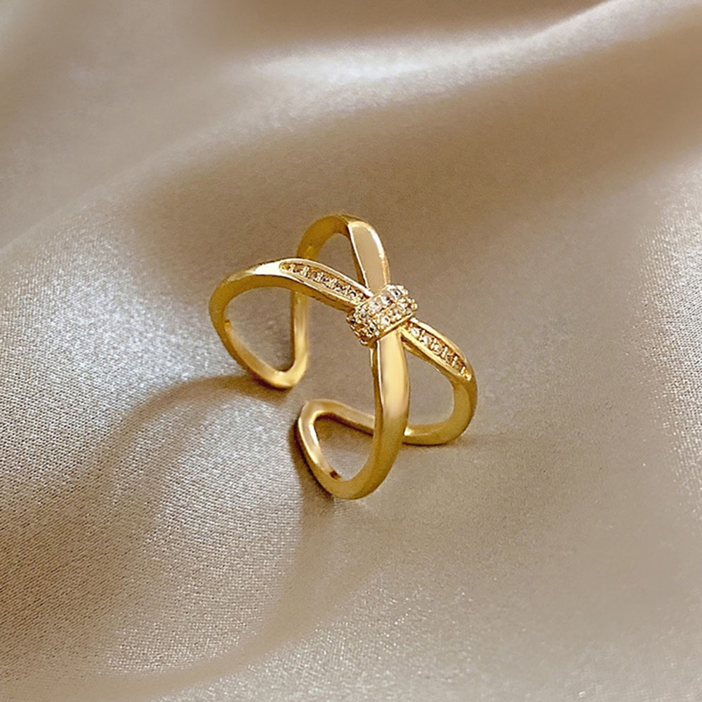 Cincin Model Terbuka Desain Silang Geometris Bahan Zirkon Gaya Korea Untuk Wanita
