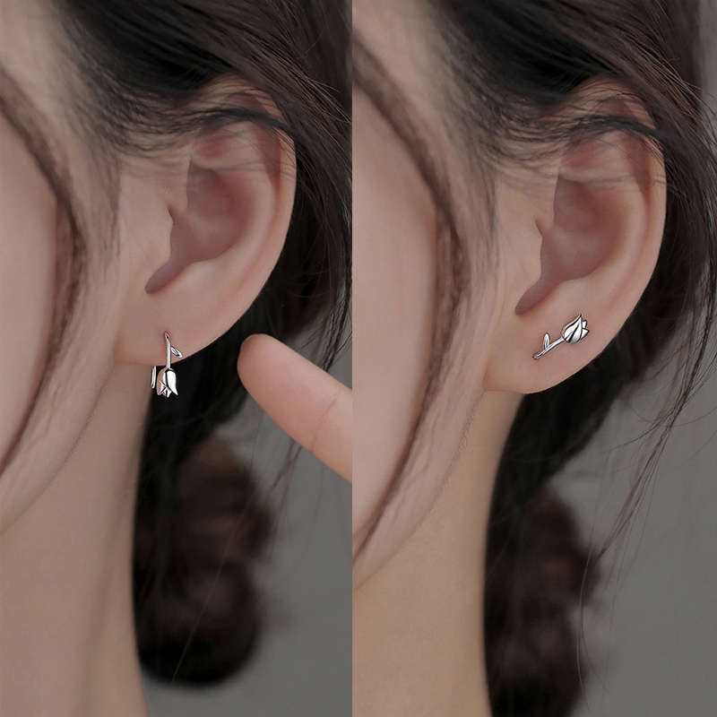 We Flower Elegan s925 Perak Tulip Anting Kait Untuk Wanita Perempuan Korea Tindik Bunga Cuff Earrings Floral Ear Jewelry