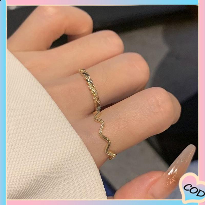 COD❤️ 2 PCS Cahaya Mewah Wanita High-end Super Indah Bergaris Gelombang Cincin Pembukaan Temperamen-A.one