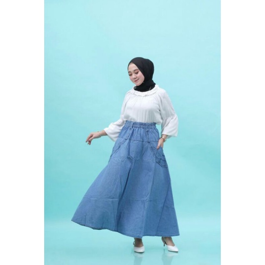 Rok Jeans Payung / Rok Wanita / Rok Panjang / Rok Kekinian / Rok Pendek / Rok Snow Blue