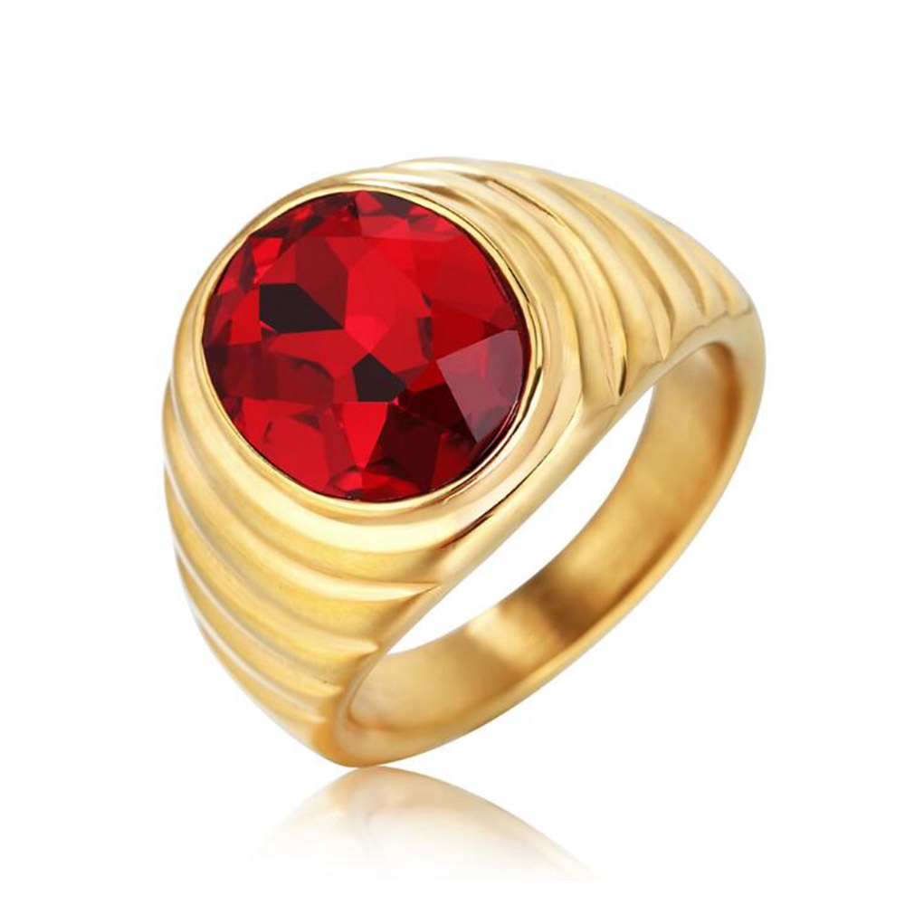 18rb Emas Rubi Baja Titanium Pria wanita merah hitam Batu permata Kristal Perhiasan Fashion Pasangan Cincin Rings