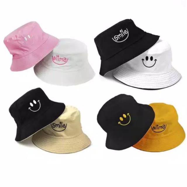 Topi Bucket Hat Smile Bolak Balik Dua sisi Termurah Pria Wanita