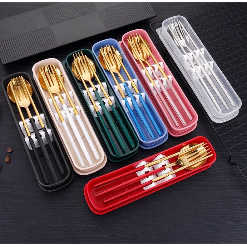 【 High Quality 】Paket Sendok Garpu Sumpit Korean Style - Sumpit Sendok Grapu Set / Set 3 in 1 Stainless Steel