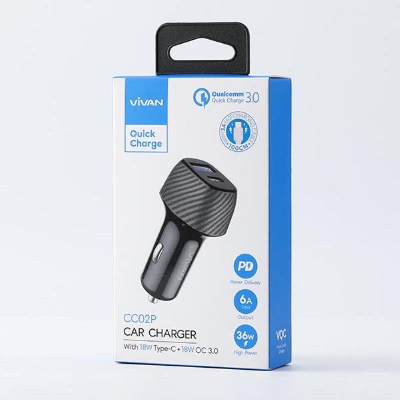 VIVAN Car Charger Dual Port Type C (PD) &amp; USB (QC3.0) 36W 6A Support iPhone 12 CC02P / Sever Vivan