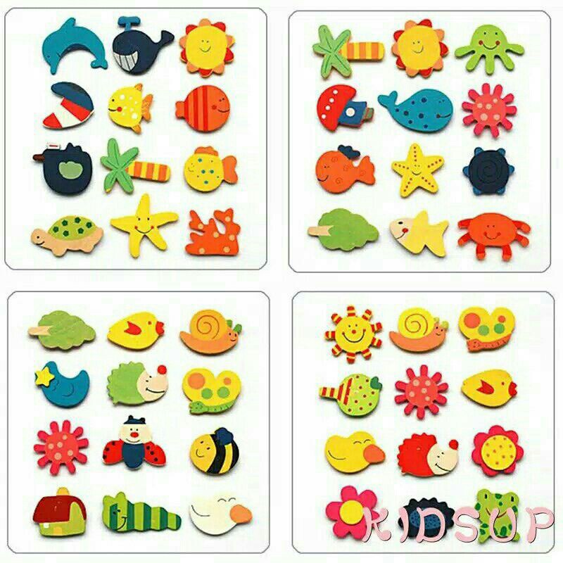 mainan edukasi hiasan kulkas kayu magnet karakter hewan buah magnet hiasan lemari es