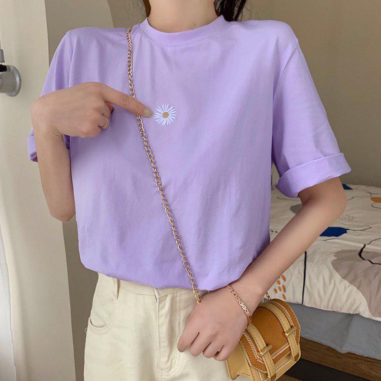 Oversize Tee Tshirt Model Longgar Untuk Wanita Motif Daisy Lilac