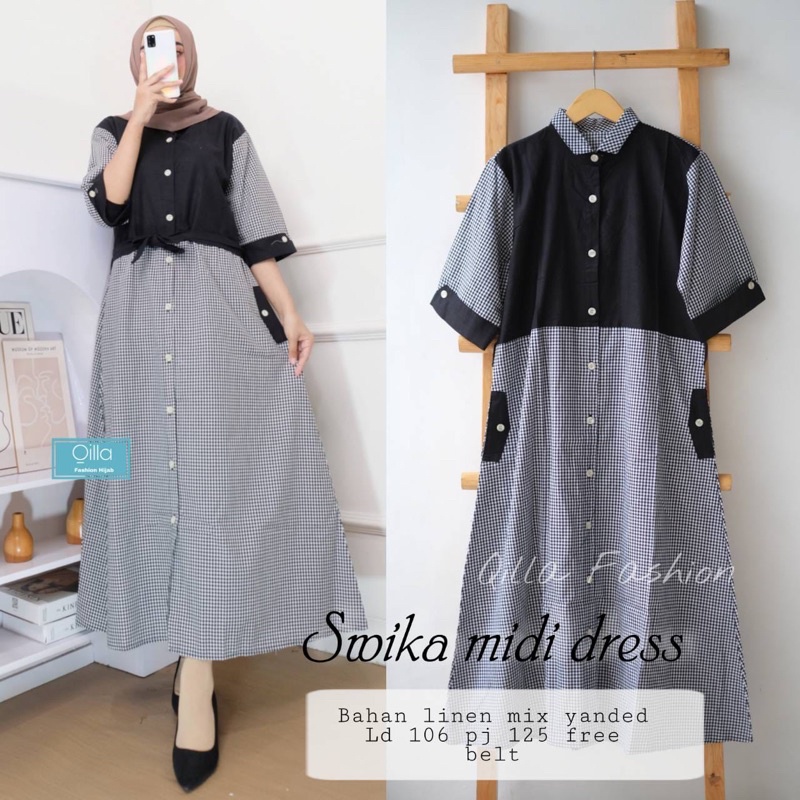 SWIKA MIDI DRESS ORI SOLO BERLABEL QILLA ALICE GRUP HOMEY DRESS TARTAN KATUN LINEN MIX YANDEN LENGAN