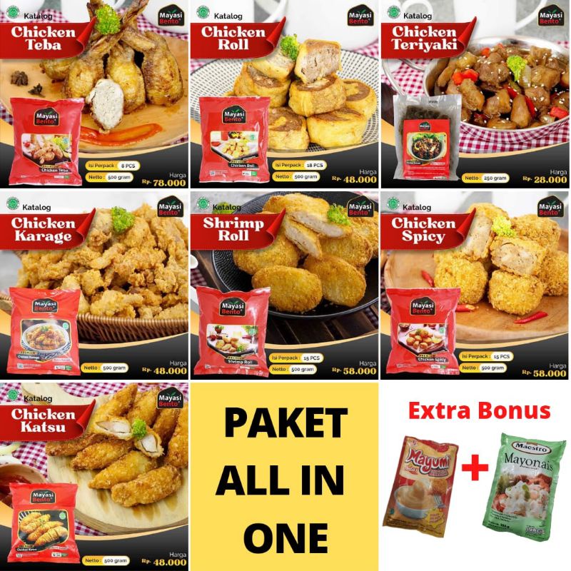 

Mayasi Bento Bekasi Paket 7in1- Chicken Roll - Chicken Spicy - Chicken Teba - Shrimp Roll - Chicken Katsu - Chicken Karage - Chicken Teriyaki