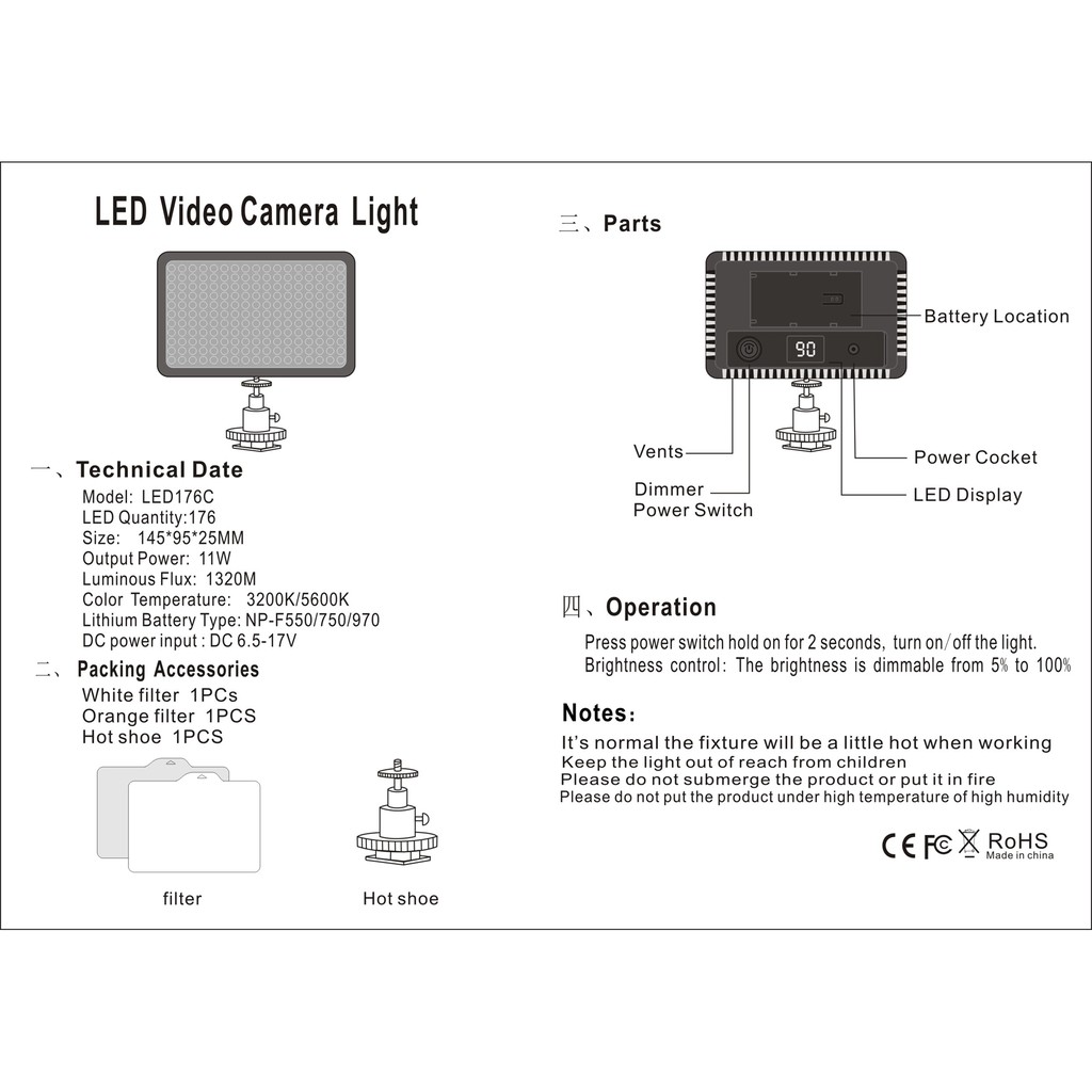 Lighting Studio LED-176C LED Video Product Photography FREE Tripod