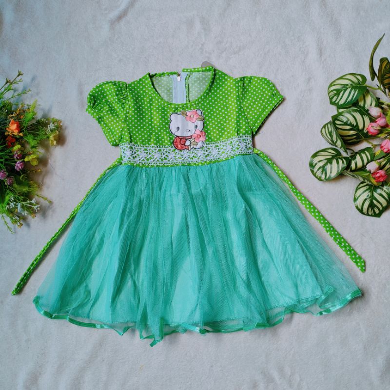 Dress anak 1-2 tahun gaun tutu anak cewek gaun anak perempuan hijau hellokitty ( dress SAP kitie )