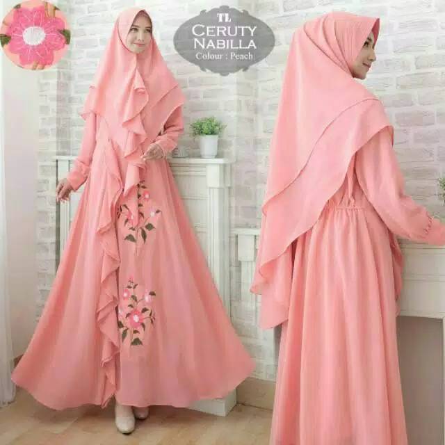 gamis syar'i gracella full ceruty warna biru muda ungu motif polos ukuran jumbo murah coklat muda