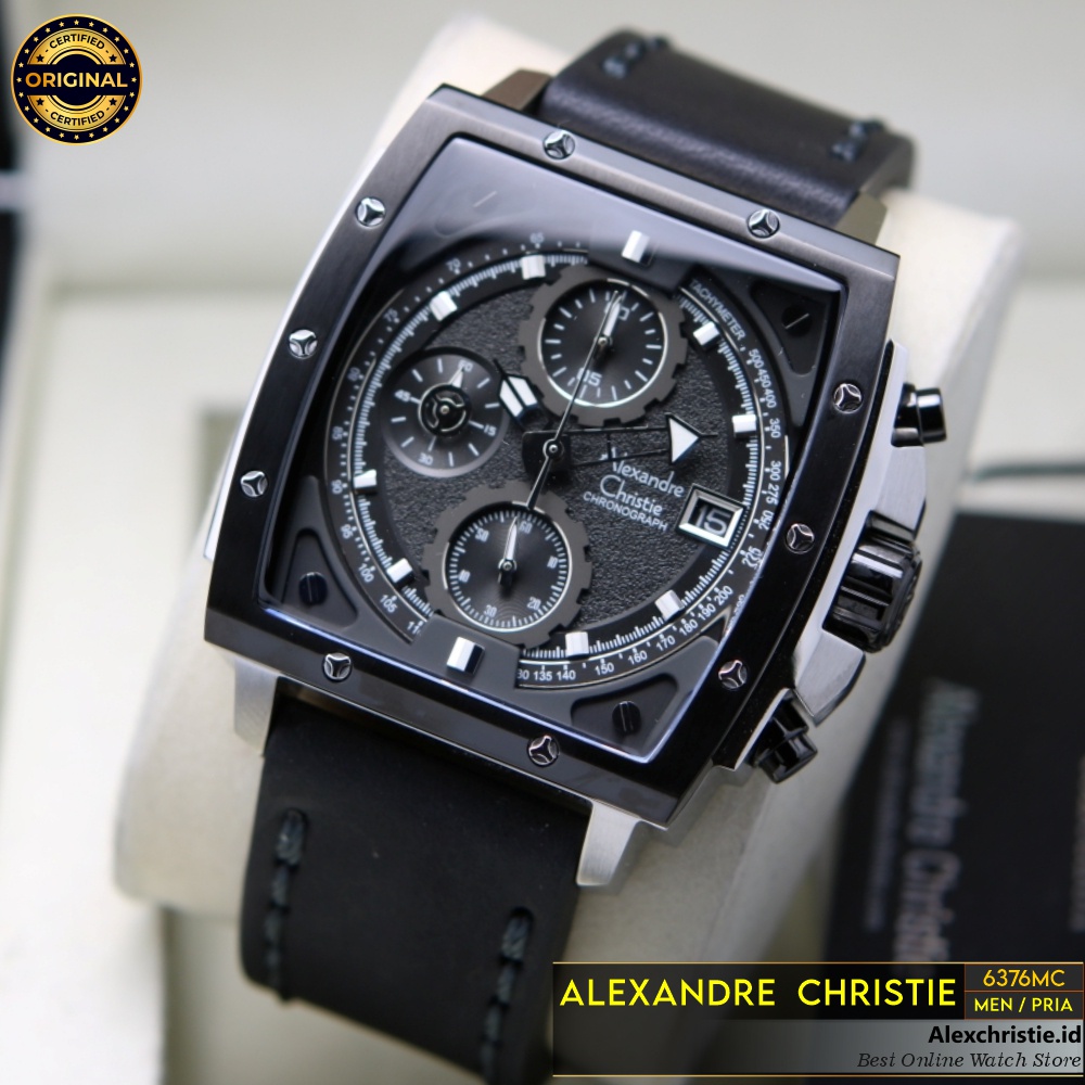 Jam Pria Alexandre Christie AC 6376 MC Chronograph Silver Black Leather Original