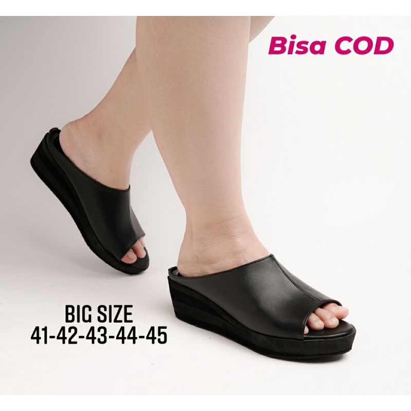 Sepatu Wedges Wanita Big Size 41-45 / Slop Makazi Kulit Asli size JUMBO Besar Super empuk, 44