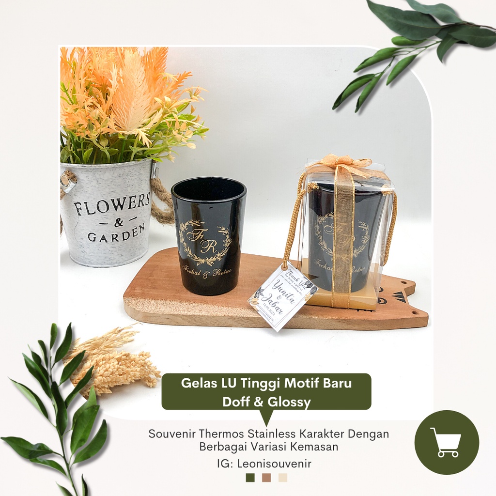 Souvenir Gelas LU Hitam Motif Baru Doff & Glossy Custom Sablon Free KUT