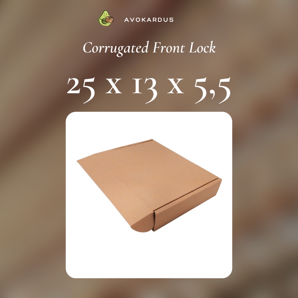

Kardus Corrugated Die Cut 25x13x5,5 Front Lock Kotak Dus