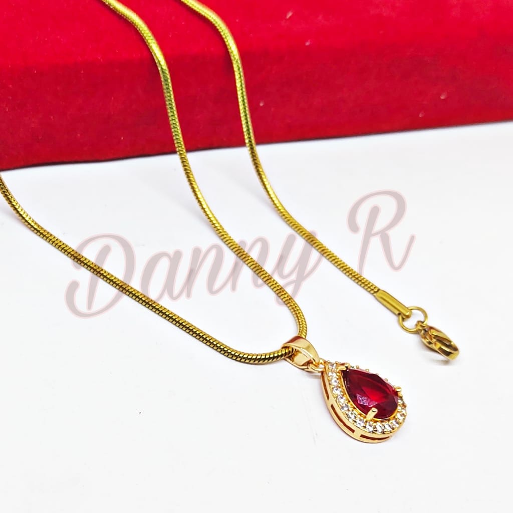 TERBARU Kalung Titanium Wanita Model Gepeng Plus Liontin Oval permata Merah