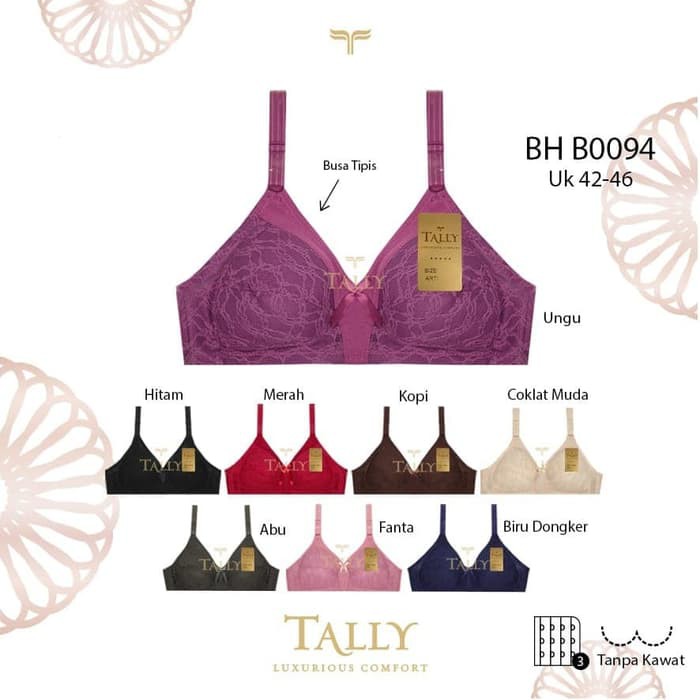 BH WANITA TALLY  B0094 - BRA TANPA KAWAT BUSA TIPIS - MODEL 3 KAIT broklat sz 42 44 46 BTK