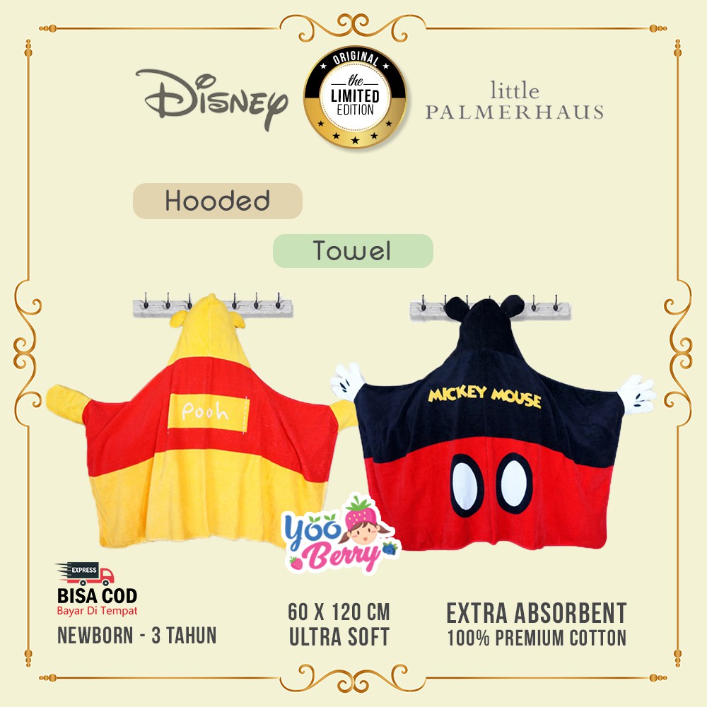 Disney Little Palmerhaus Hooded Baby Towel Handuk Bayi Karakter Katun Mickey Minnie Winnie the Pooh Berry Mart
