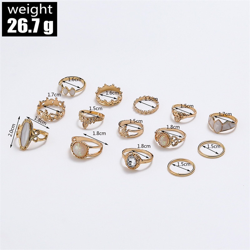 14pcs / Set Cincin Berlian Imitasi Amber Ukir Langit Berbintang Gaya Retro Untuk Wanita