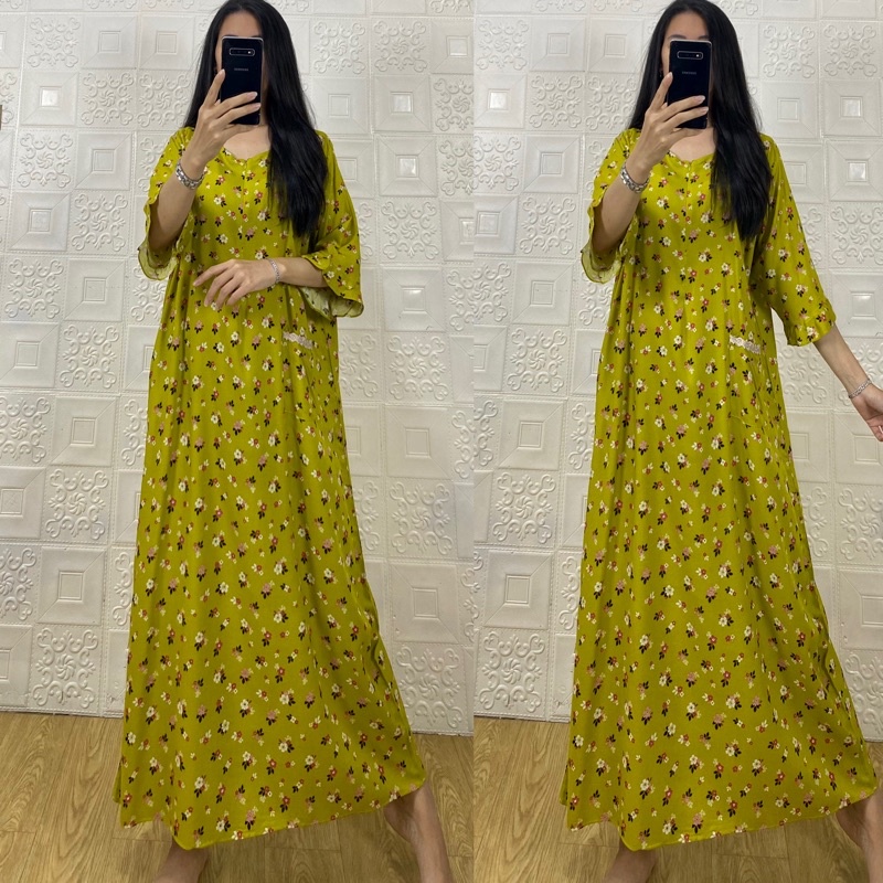 daster tangan 3/4 /tangan 7/8 / busui/panjang viral jumbo /long daster/daster 3/4 /homedress/daster semata kaki/daster gamis-Tk flower lime