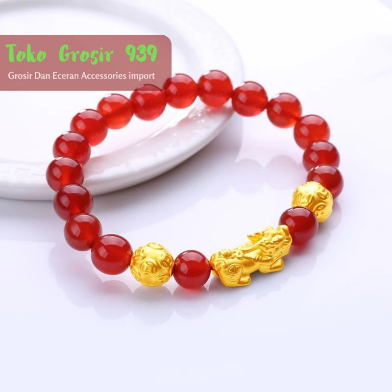 Gelang Keberuntungan Manik Agate Pixiu Lapis Emas 24K
