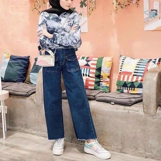 MAGCUN - Celana Highwaist Boyfriend Jeans Wanita - Boyfriend Poket Rawis Kantong Depan