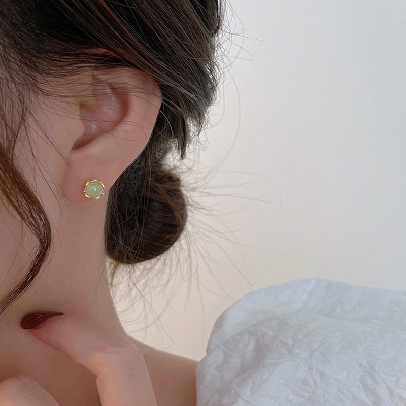 Anting Stud Giok Hetian Natural Bentuk Persegi Untuk Wanita