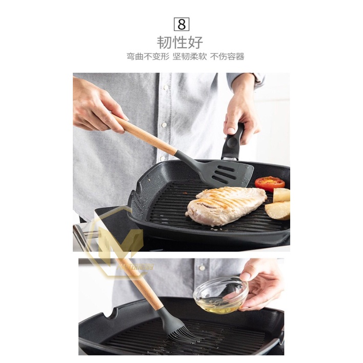 RT82 Kitchen Utensil Silicone wood 12pcs Set Peralatan Dapur Masak Baking Sutil Spatula Sendok Silikon Set Alat Masak 11 in 1 gagang kayu MA2753