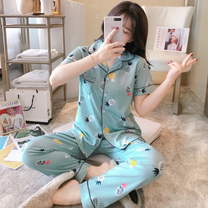 BAJU TIDUR PIYAMA SET KEMEJA CP LENGAN PENDEK CELANA PANJANG IMPORT PREMIUM BANYAK MOTIF-Green Pineapple