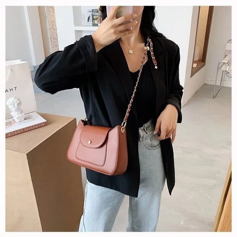 ready cod tas selempang wanita bola emas kecil sling bag cewek tali rantai import murah terbaru