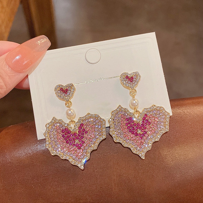 Anting Tusuk Berlian Imitasi Bentuk Hati Warna Pink Bahan silver 925 Untuk Wanita