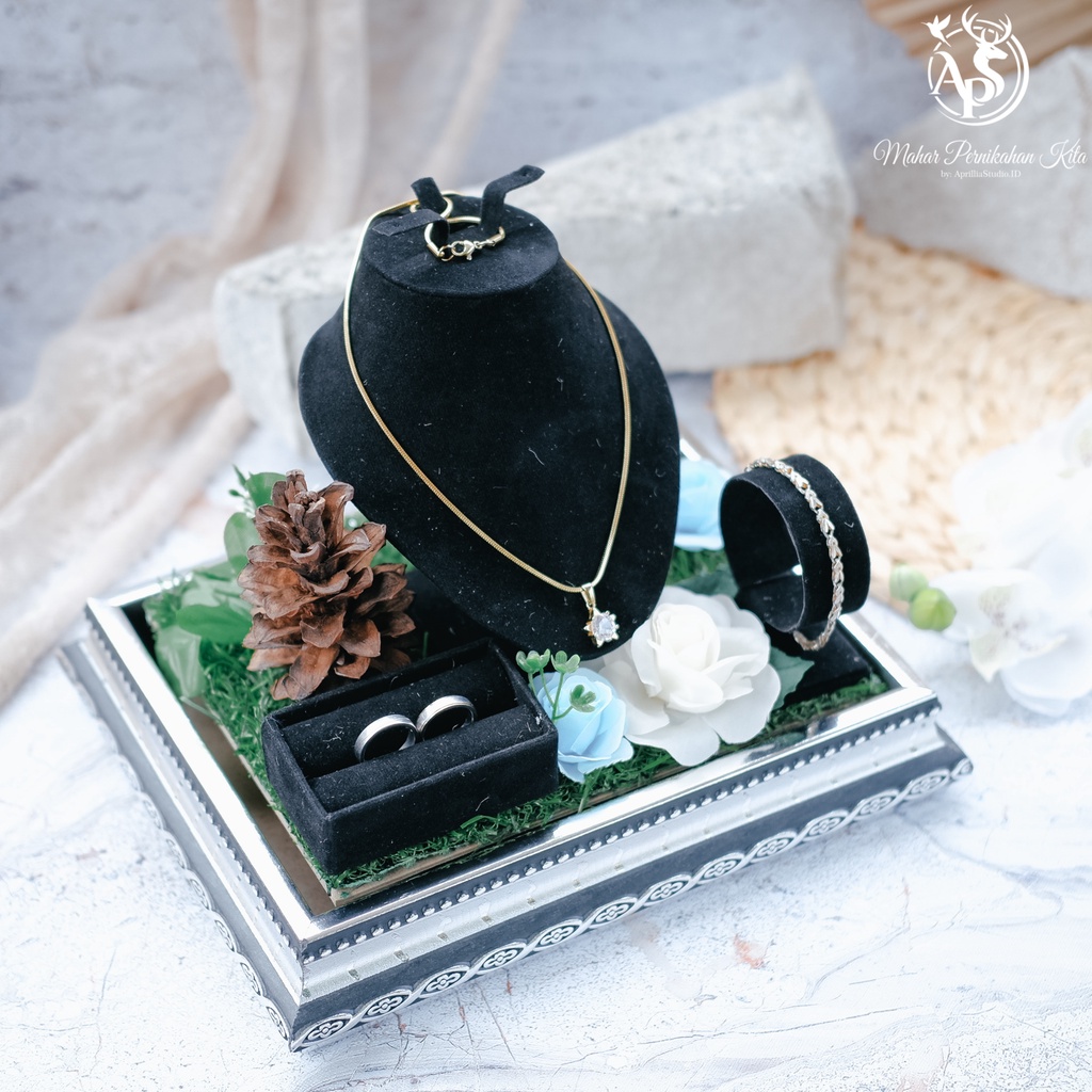 Kotak Perhiasan Eksklusif Seserahan Pernikahan 1 Set Lengkap Acrylic Murah Uk 22x17x19 cm Hitam Silver