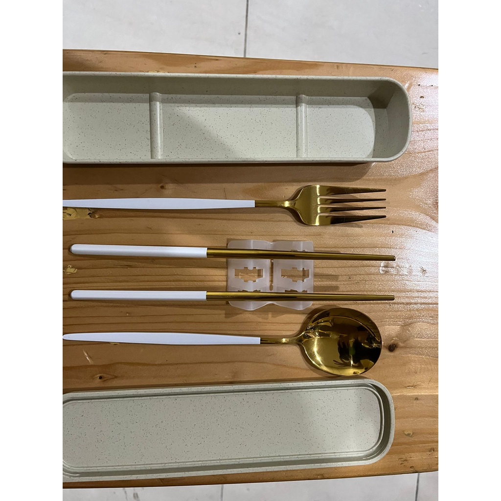 Kingsbakeware Set Alat Makan Korea Stainless, Box Sendok Garpu Sumpit Gold 4 in 1