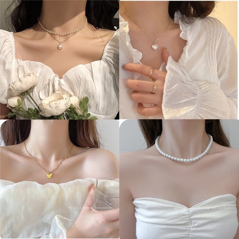 Kalung Rantai Choker Liontin Kupu-Kupu Hati Mutiara Warna Emas Perak Untuk Wanita