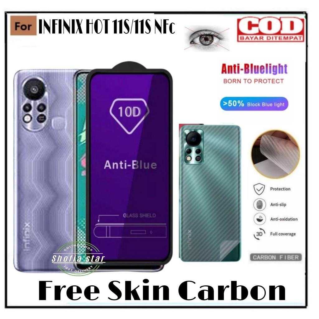 TEMPERED GLASS BLUE LIGHT INFINIX HOT 11S/11S NFC TG LAYAR ANTIRADIASI KACA FULL COVER FREE GARSKIN