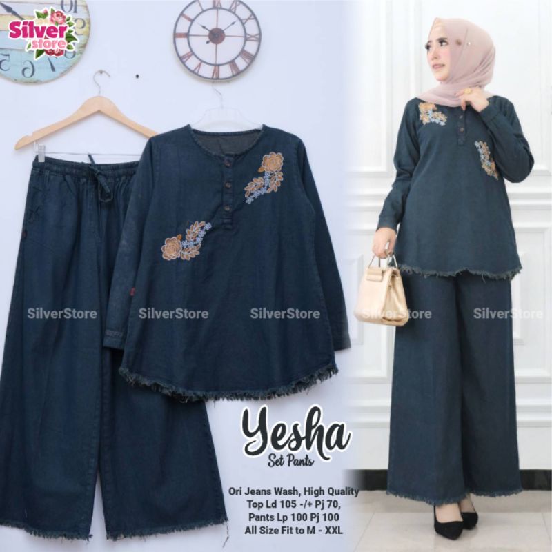 Yesha#5 One Set Setelan Celana Kulot Tunik Polos Hitam Jeans Rawis Bordir Bunga Ld 110 Jumbo Fit XXL