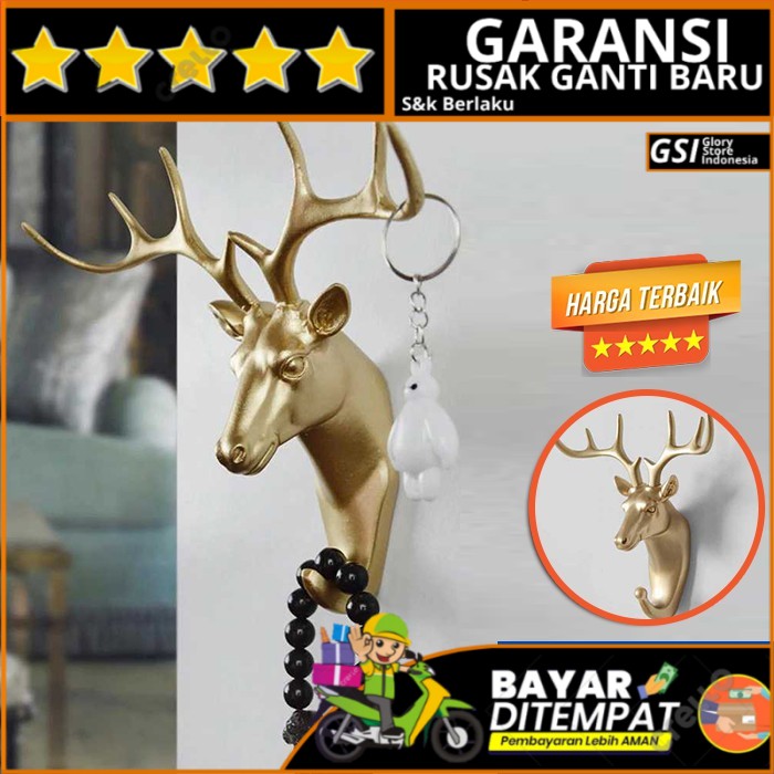 Gantungan Hook Dinding Kepala Rusa Emas Tempel Tembok Wall Hanger Baju Kunci Pakaian Antlers Head