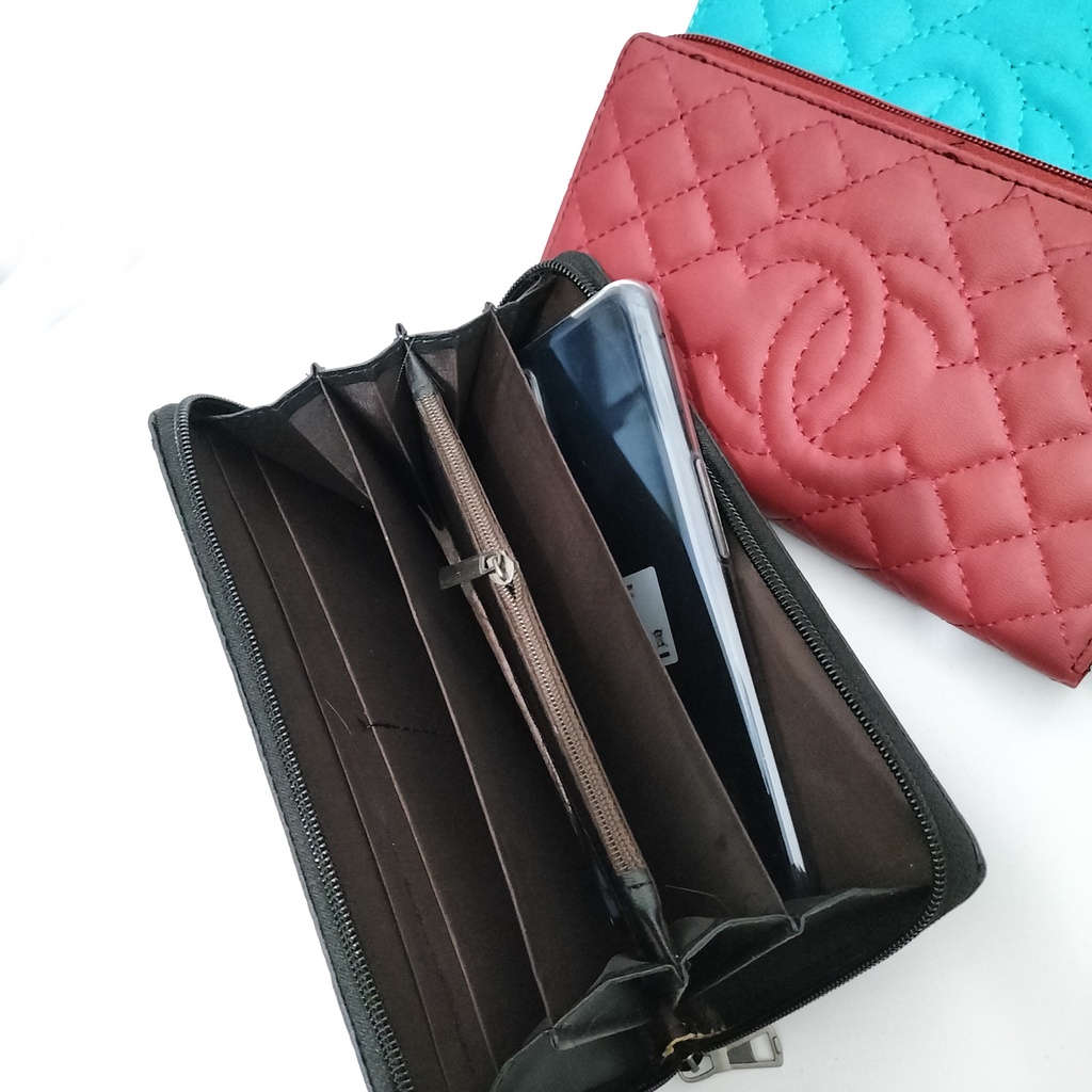 Dompet wanita polos wallet organizer resleting 2 ruang dompet panjang kulit sintetis embos dompet uang koin kartu hp