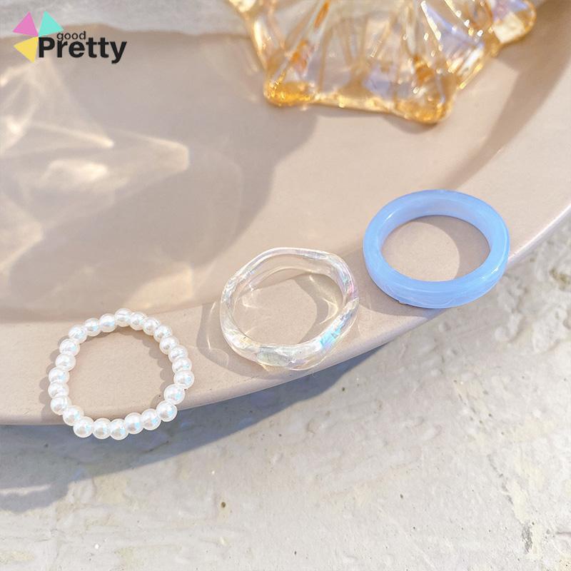 Cincin Resin Sederhana Cincin Mutiara Wanita Set Cincin Akrilik Premium 3 Buah - PD