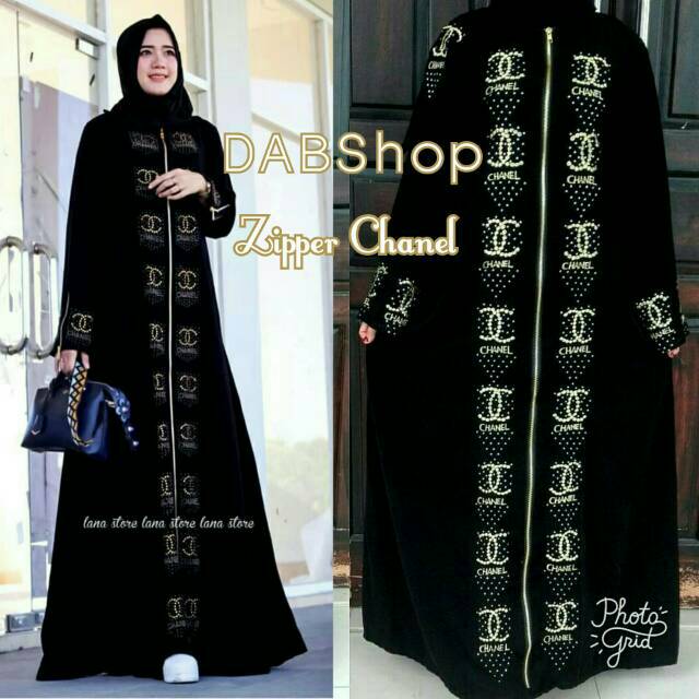 NEW Busana Muslim Baju Abaya Gamis Umbrella Zipper Full Mata motif Cannel bahan jetblack saudi terba