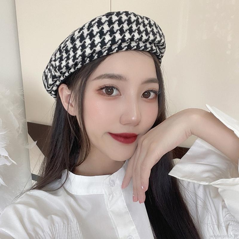 Topi Baret Motif Houndstooth Gaya Retro Korea Jepang Untuk Wanita