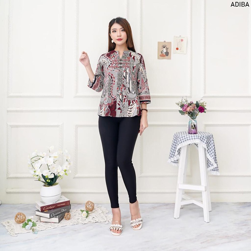 Evercloth Adiba Blouse Wanita Atasan Wanita Blouse Batik Wanita Lengan Panjang Atasan Batik Wanita 3/4 Koin Kancing Batik Couple Set Family Sarimbit Abu Grey Silver