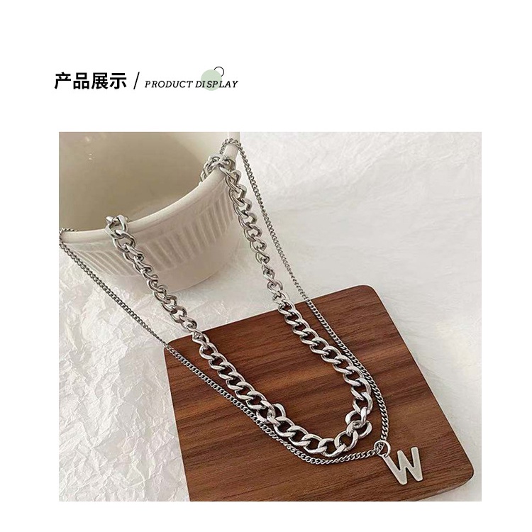 Retro baja titanium kalung pendek wanita double-layer W huruf twin kalung in trendi gaya Eropa dan A