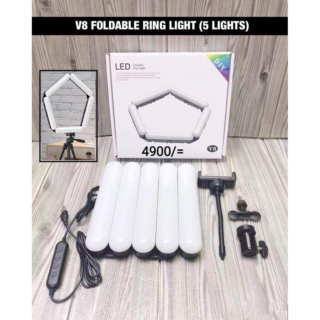 V8 Led Foldable Ring Light Selfie Make Up 5 Lampu