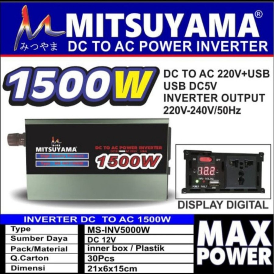 COD Power Inverter DC to AC 1500 Watt 1500 Watt Merk Mitsuyama MS-INV1500