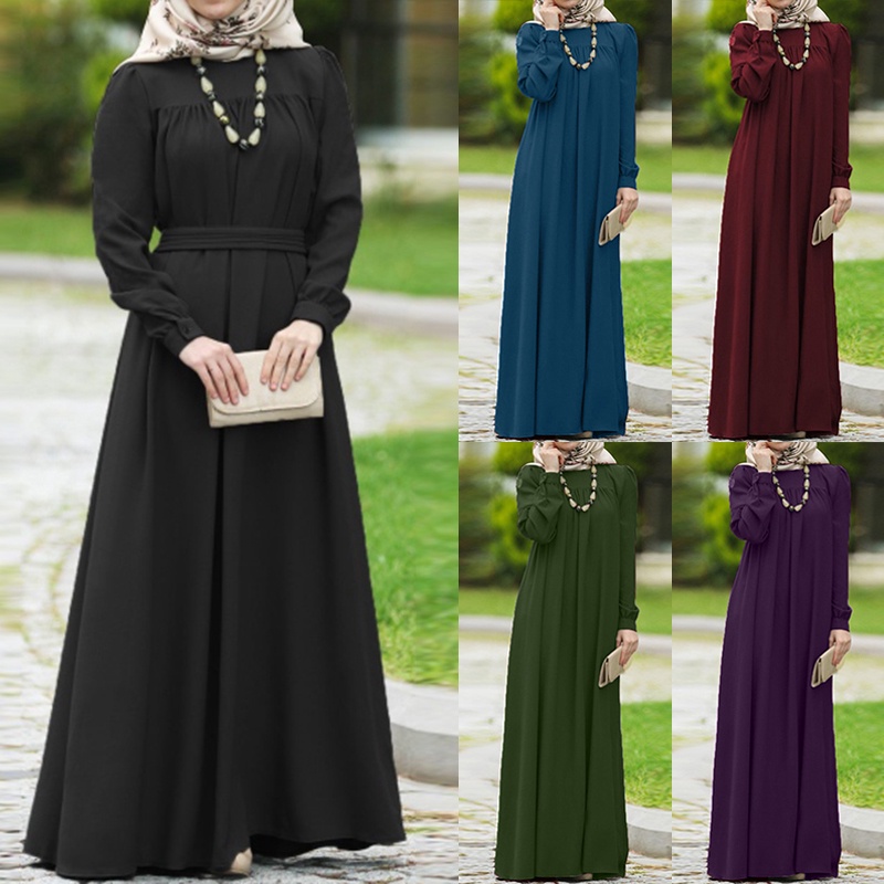 ZANZEA Women Long Puff Sleeve Button Down Front Muslim Long Dress