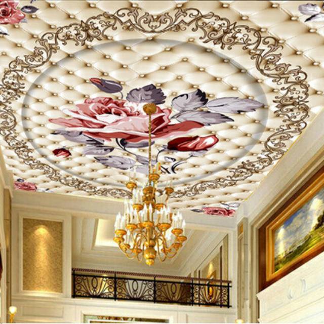 Wallpaper Custom 3D plafon Corak Lukisan dan bunga besar